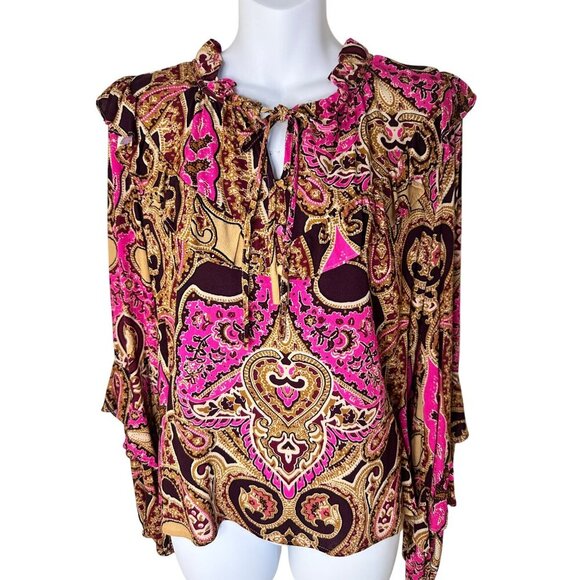 NWT a loves a  Medium Pink Paisley Tie-Neck Blouse Ruffle French Preppy Boho - Picture 2 of 11
